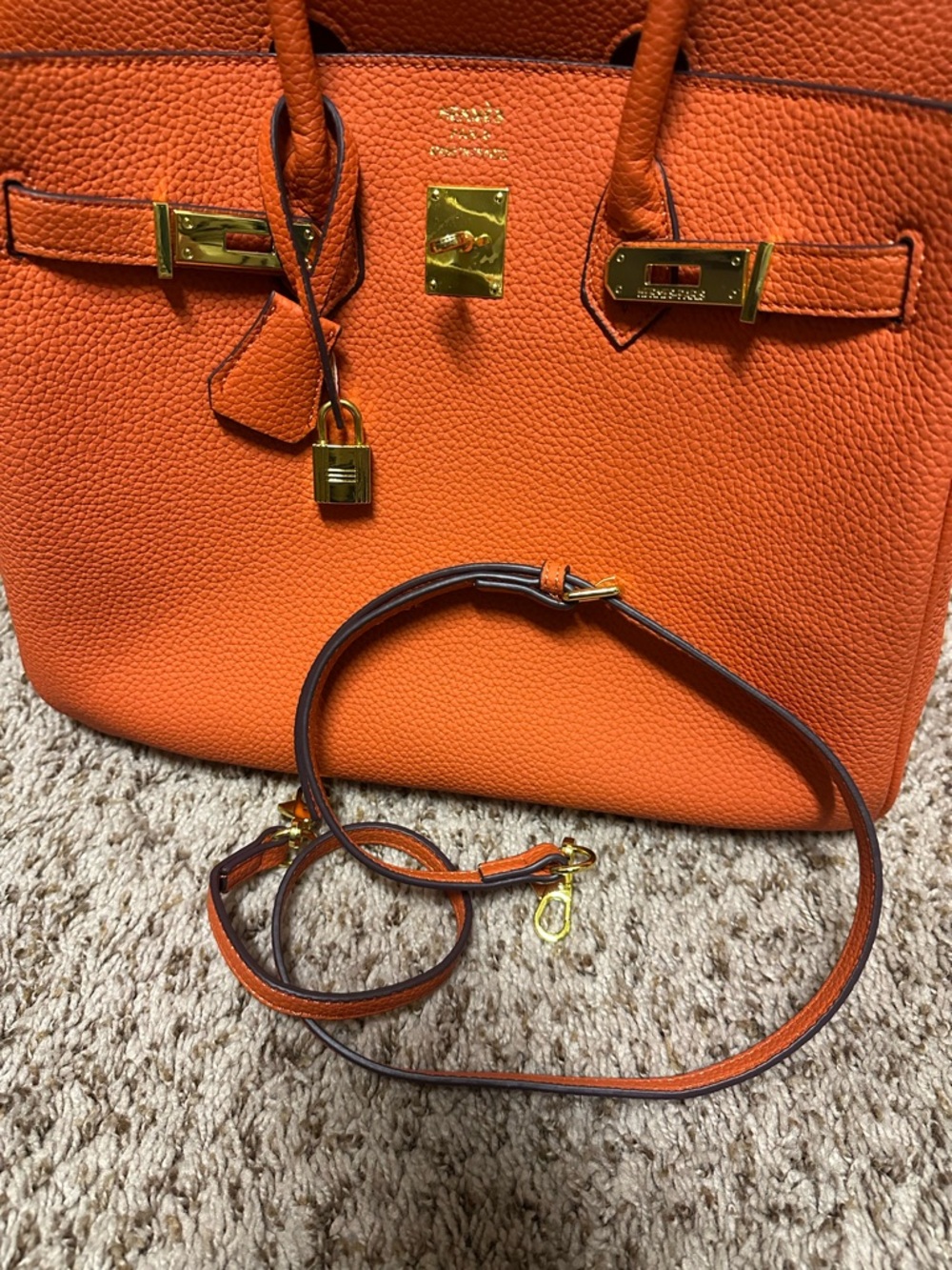 Orange Leather Tote Handbag with Gold Hardware